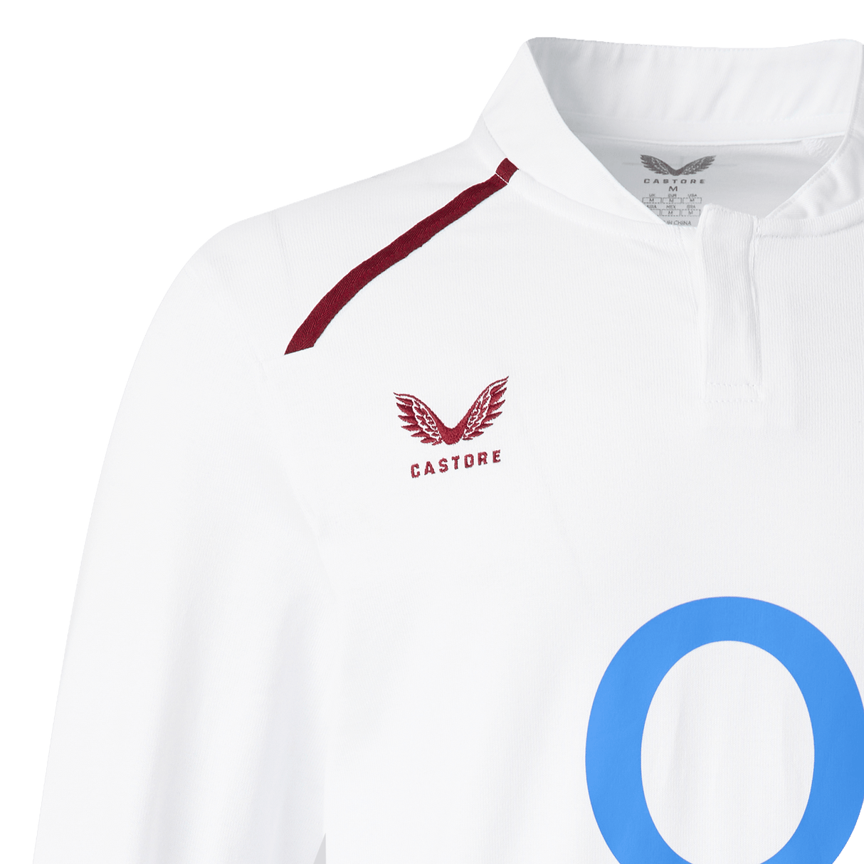 The England 26/27 Classic Long Sleeve Home Jersey by Castore features a white design with a maroon Castore logo and chest text, a blue "O" detail, and a maroon shoulder stripe.