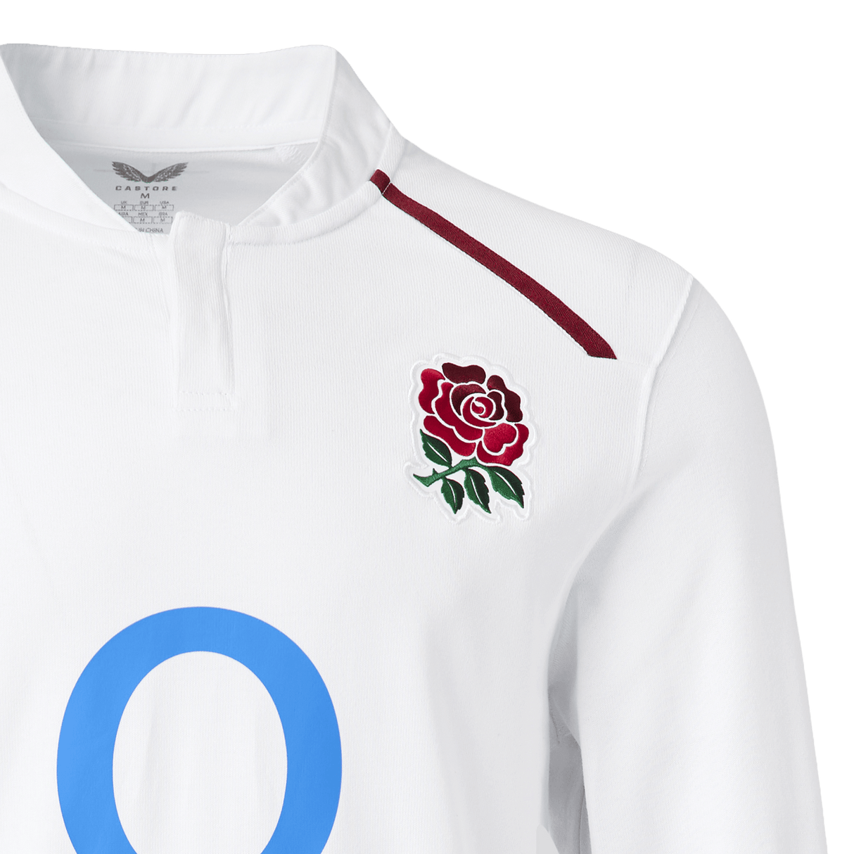 The England 26/27 Classic Long Sleeve Home Jersey by Castore features a red rose chest emblem, maroon shoulder stripe, and a bold blue "O" partly shown on the front.