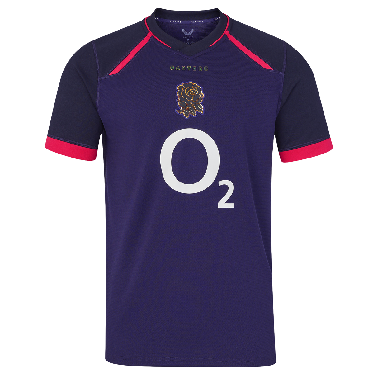 The England 26/27 Replica Alternate Jersey by Castore is a short-sleeved, dark purple shirt with pink accents, showcasing the iconic rugby rose crest and a bold white “O2” sponsor logo on the front—a standout from Castore’s Rhodonite alternate kit collection.