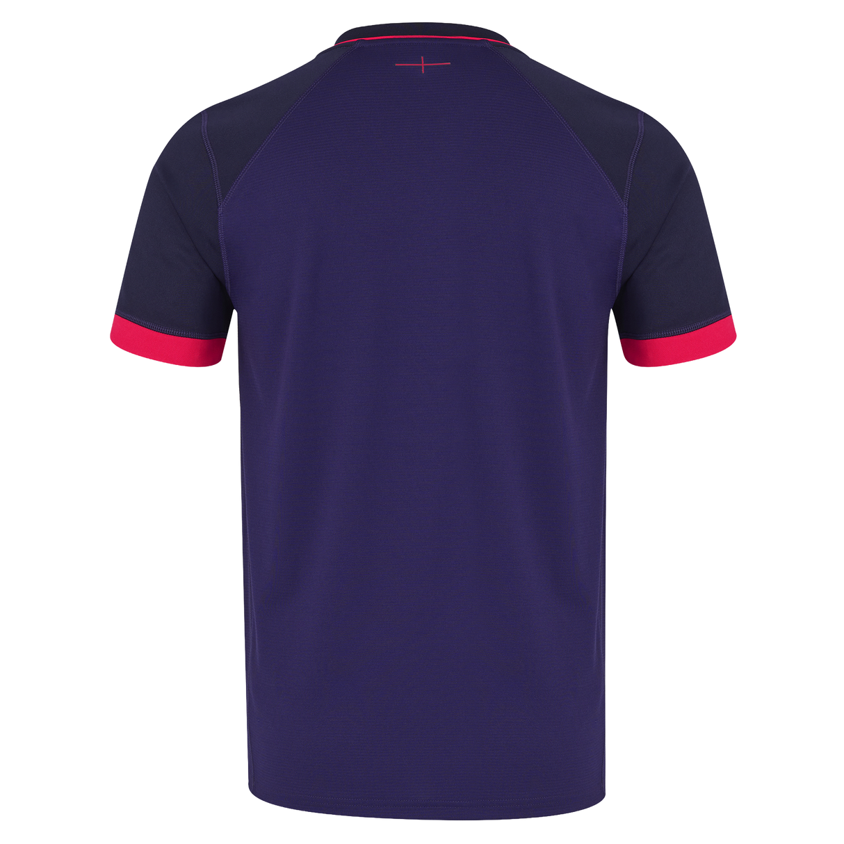 The image displays the back of the England 26/27 Replica Alternate Jersey by Castore, a short-sleeved shirt in dark purple with contrasting red sleeve cuffs and a small pink cross detail near the collar, highlighting the vibrant design elements characteristic of this alternate kit from Castore.