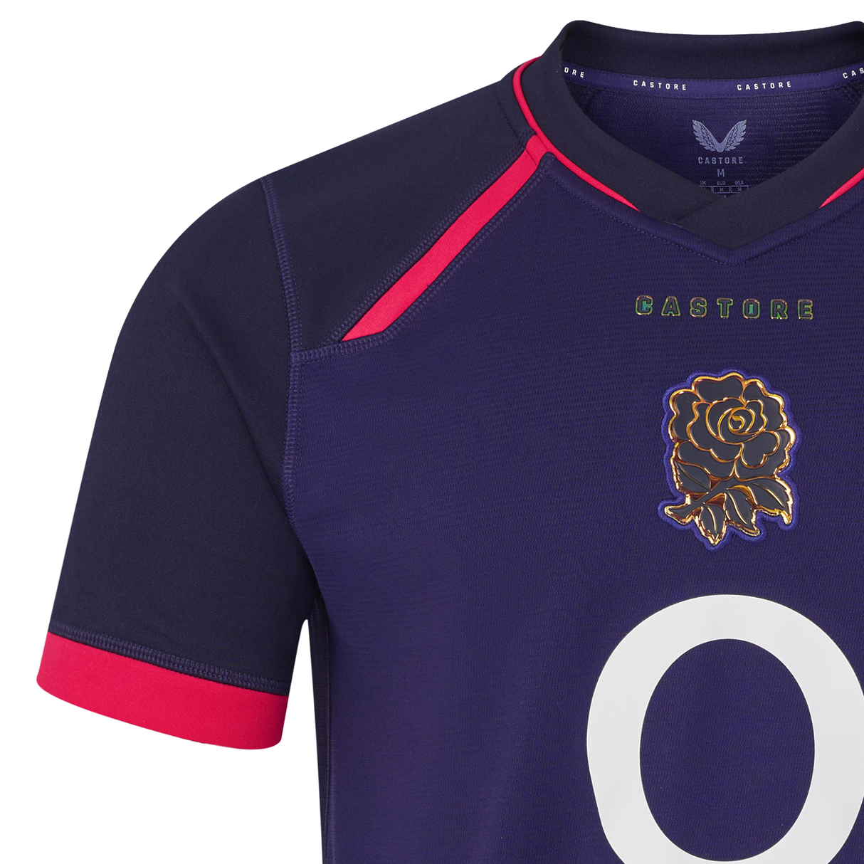 The England 26/27 Replica Alternate Jersey by Castore showcases a rich dark purple design with bold red trim, highlighted by the Castore logo, the iconic rose emblem, and a prominent white number on the front—a striking Rhodonite kit ideal for passionate supporters.