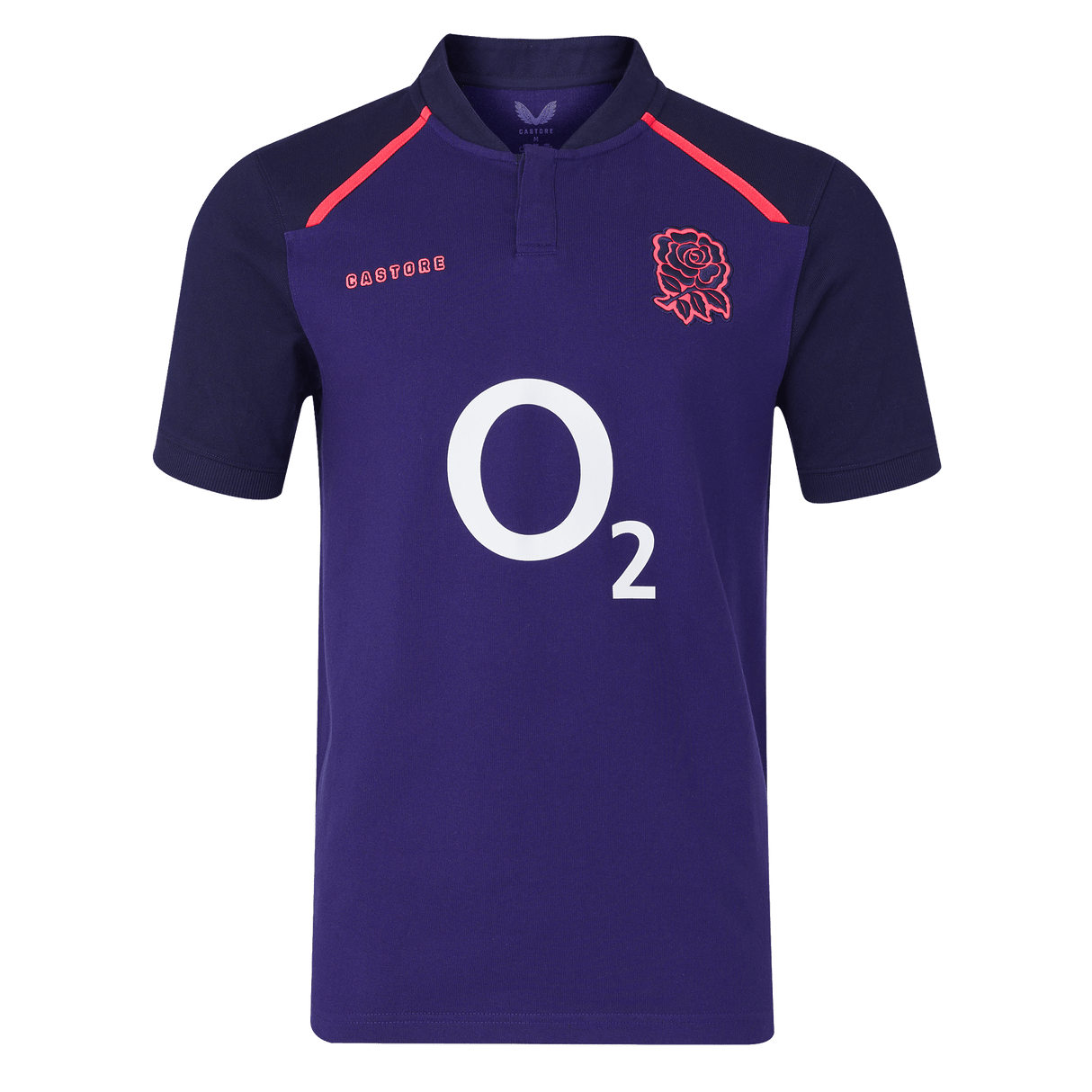 The England 26/27 Classic Alternate Jersey by Castore is a dark purple rugby top with short sleeves, a red rose crest, white "O2" sponsor logo, and Castore branding—ideal for England Rugby fans.