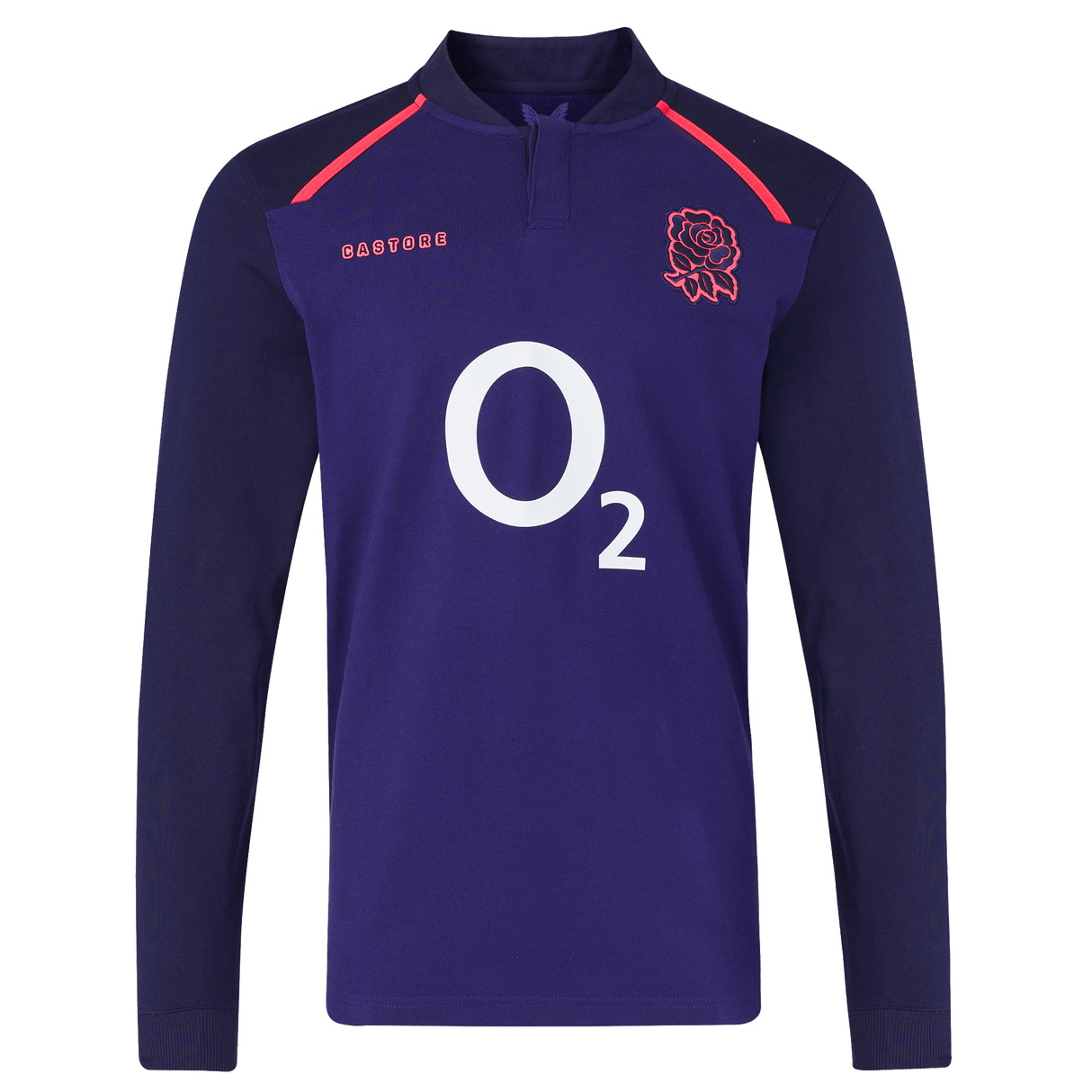 The England 26/27 Classic Long Sleeve Alternate Jersey by Castore features dark purple fabric, a red rose emblem, white O2 sponsor logo, and red Castore branding—ideal for England rugby fans.
