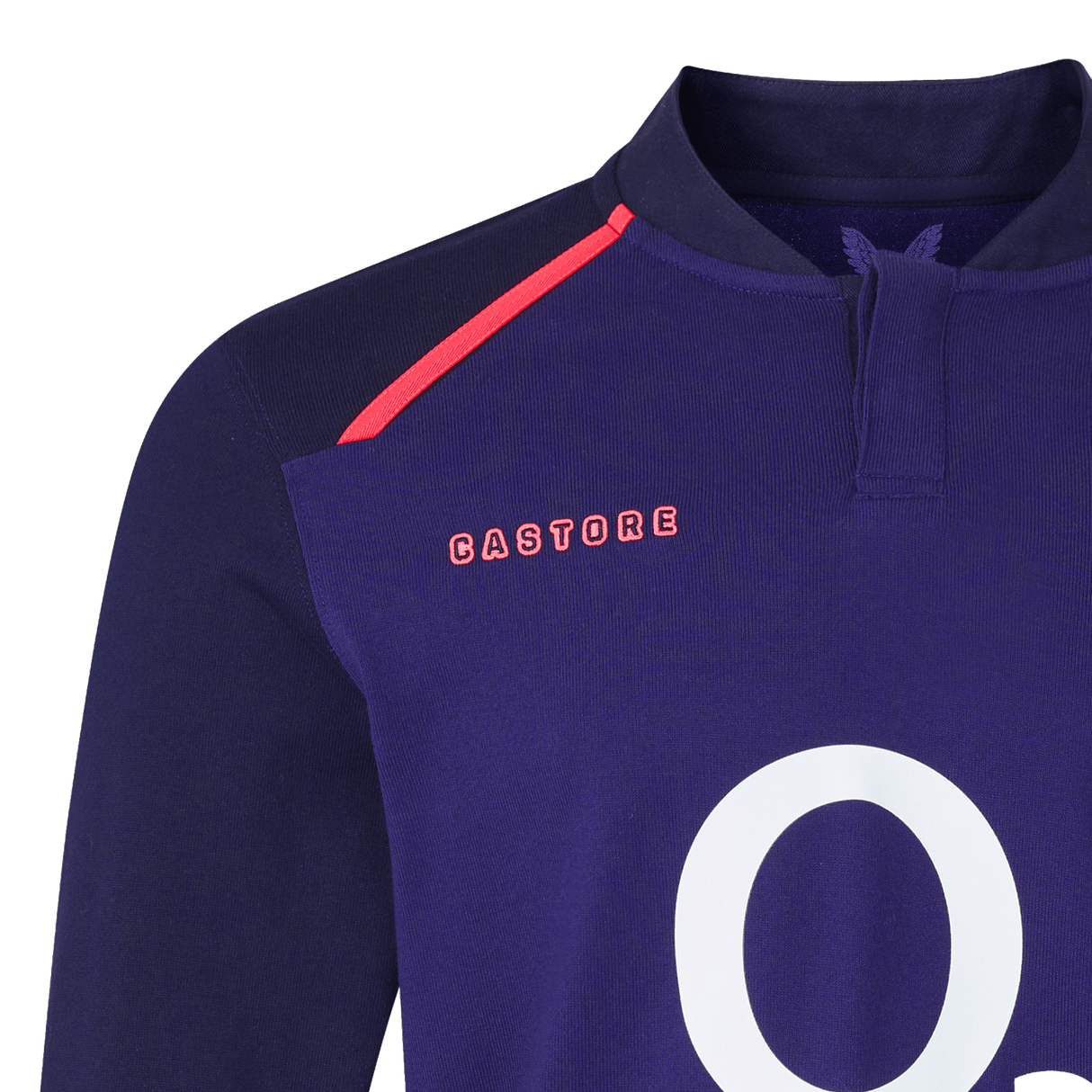The England 26/27 Classic Long Sleeve Alternate Jersey by Castore features navy blue fabric, a red shoulder stripe, "Castore" in red, and a large white number—ideal for any England rugby fan or as a standout alternate jersey.