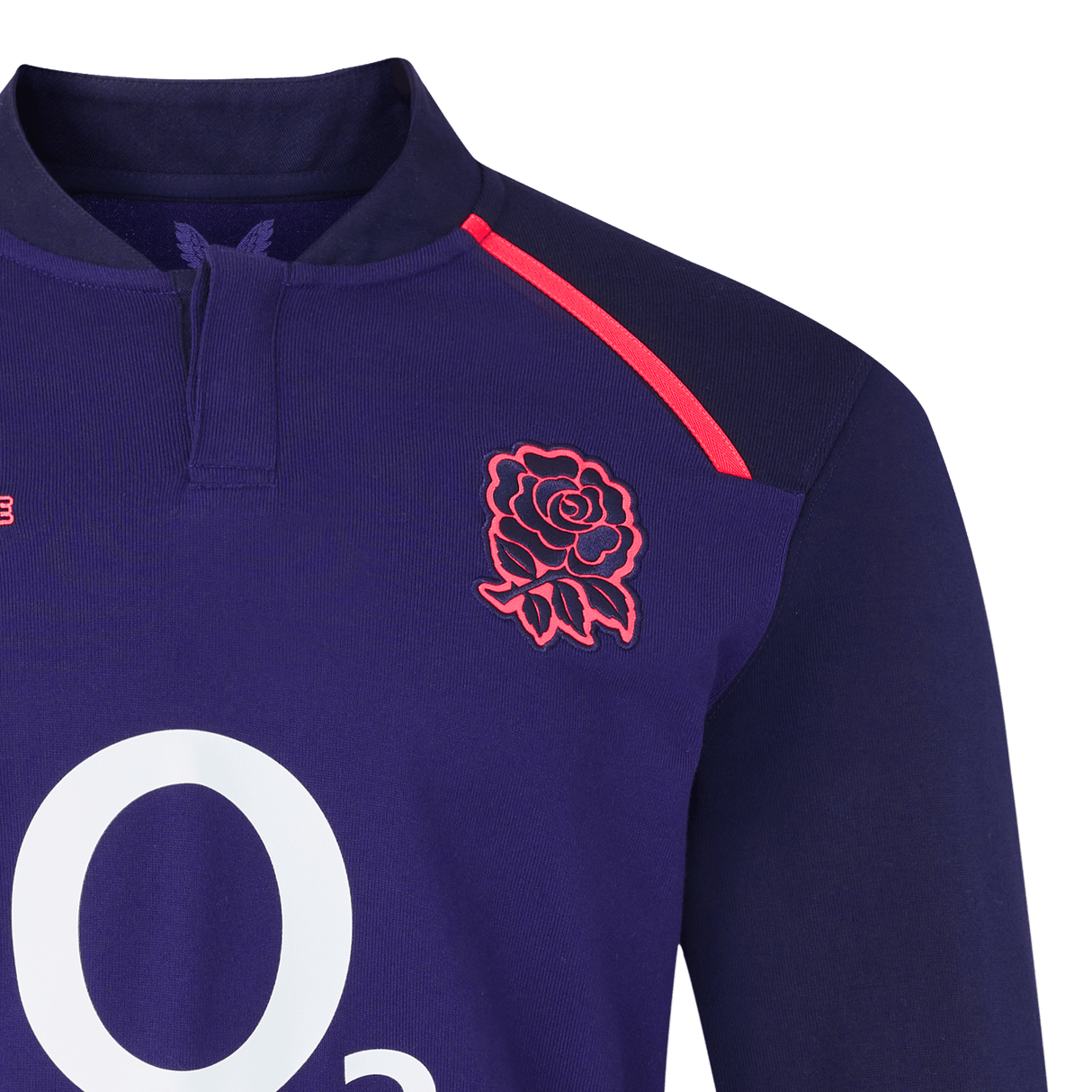 A close-up of the England 26/27 Classic Long Sleeve Alternate Jersey by Castore—a dark blue rugby top with a red rose emblem on the chest and a white "O2" logo below.