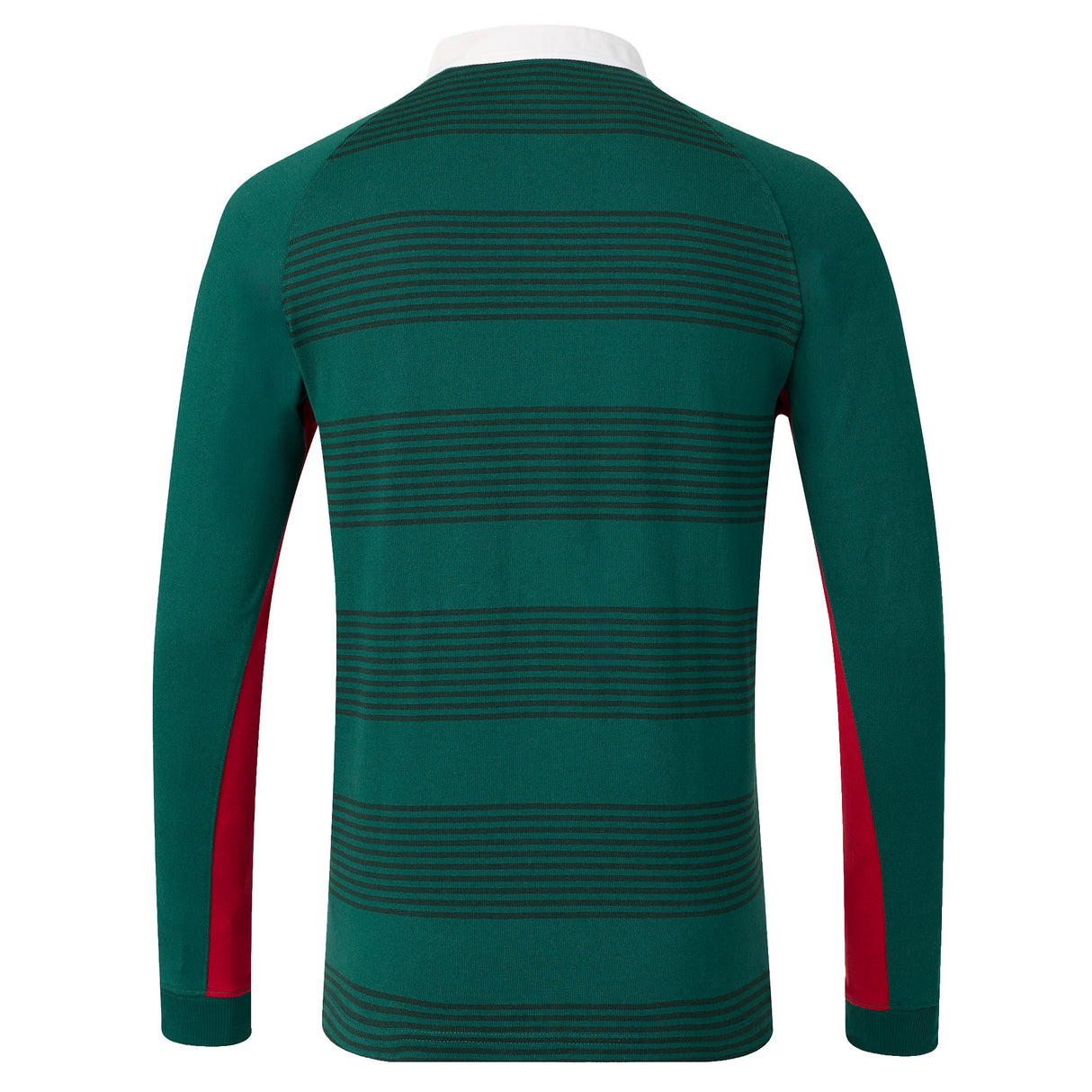 The Leicester 26/27 Classic Long Sleeve Home Jersey by Castore features long sleeves, a green base with horizontal black stripes, red side panels, and a white collar, shown from the back—its design is inspired by classic Leicester Tigers jerseys.