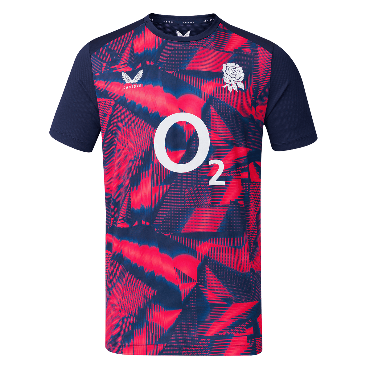 The England 26/27 Pre-Match Top by Castore is a short-sleeved shirt with a navy and bright pink geometric pattern, featuring the O2 logo and a white rose emblem on the chest.