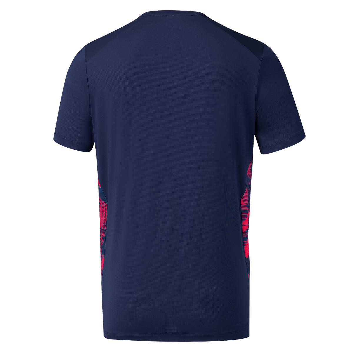 The England 26/27 Pre-Match Top by Castore features navy blue short sleeves and red side accents—ideal for pre-match wear or as a stylish everyday Castore England T-shirt.