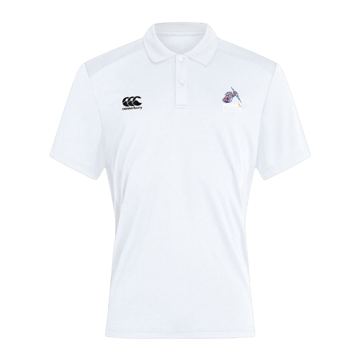 The Phoenix Storm RFC Waimak Polo by EMB Canterbury features a cotton-polyester blend, classic white design with a collar, and showcases the black Canterbury logo on the right chest and an embroidered horse logo on the left chest.