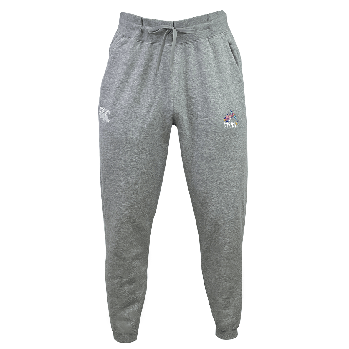 The Phoenix Storm RFC Leisure Sweatpant by EMB Canterbury features a drawstring and elastic waistband, embroidered logos on both sides, and is crafted from a sustainable blend.