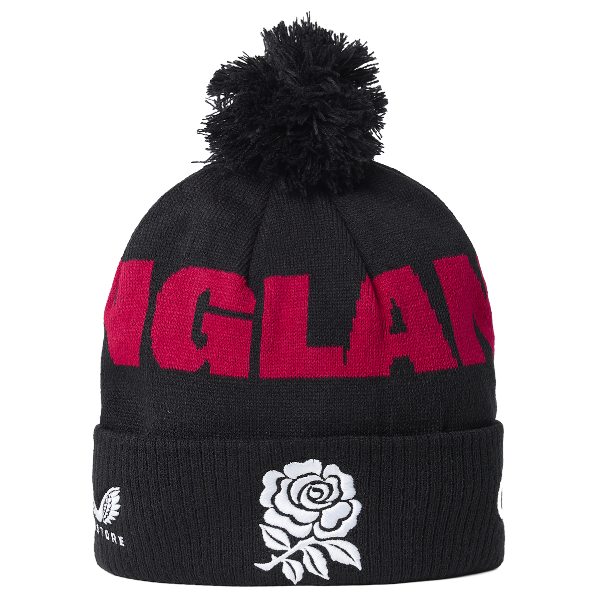 The England 26/27 Bobble Beanie by Castore is a black knit beanie featuring a pom-pom, bold red “ENGLAND” lettering, and a white rose emblem on the fold—an essential winter accessory for England supporters and the perfect Castore beanie for chilly rugby match days.