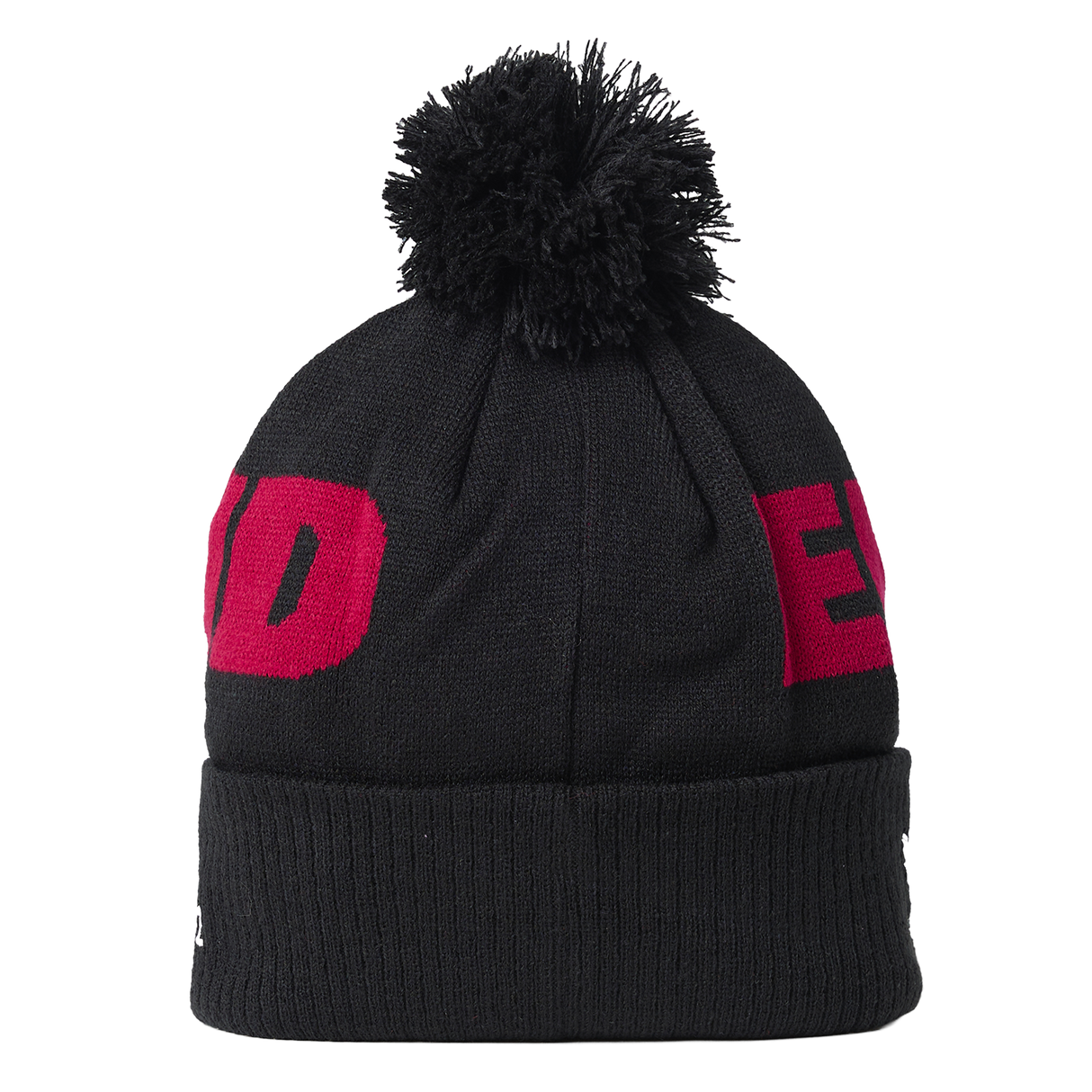 The England 26/27 Bobble Beanie by Castore is a black knit hat with a large pom-pom on top, featuring bold red partial lettering wrapping around the design—making it the perfect winter accessory for England rugby supporters.