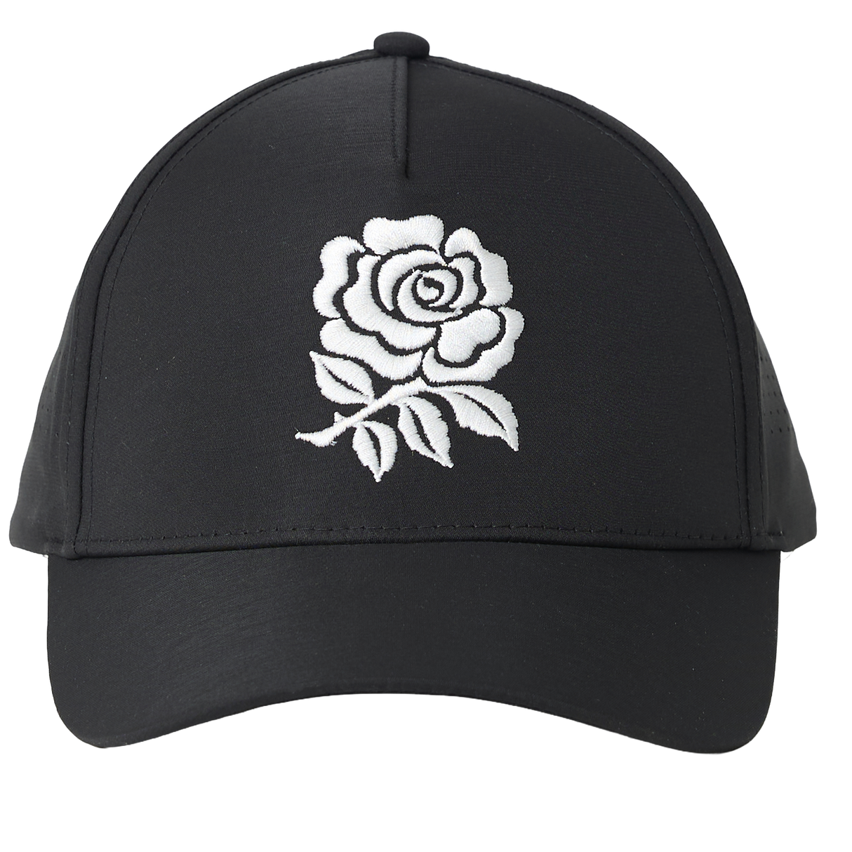 England 26/27 Team Cap by Castore — a black cap featuring a white embroidered rose design on the front panel, inspired by the iconic England Rugby style, displayed against a plain white background.