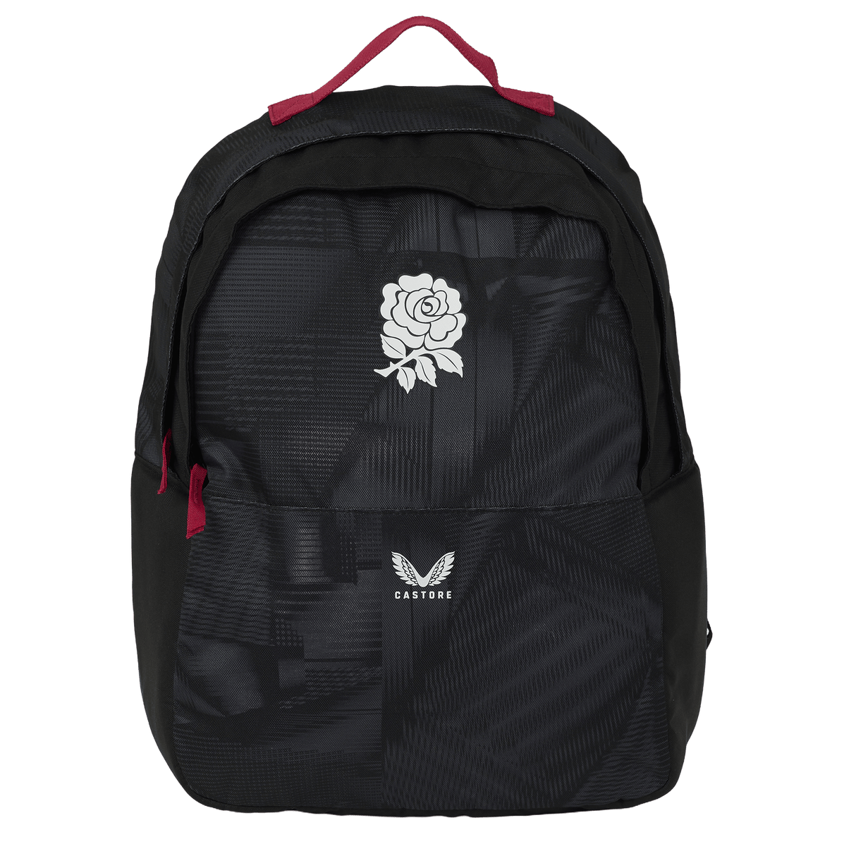 The England 26/27 Backpack by Castore features a black design with a white rose and Castore logo on the front pocket, plus red accents on the handle and zippers—ideal as a durable sports backpack for everyday use.