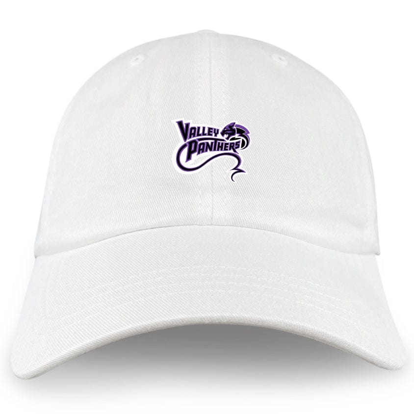 The EMB S&S Activewear Valley Panthers Rugby Adult Low-Profile Cotton Twill Dad Cap features a purple and black embroidered logo on the front.