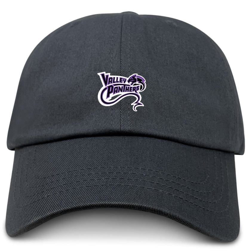 The EMB S&S Activewear Valley Panthers Rugby Adult Low-Profile Cotton Twill Dad Cap features a bold, purple and white embroidered "Valley Panthers" logo on classic black cotton twill.