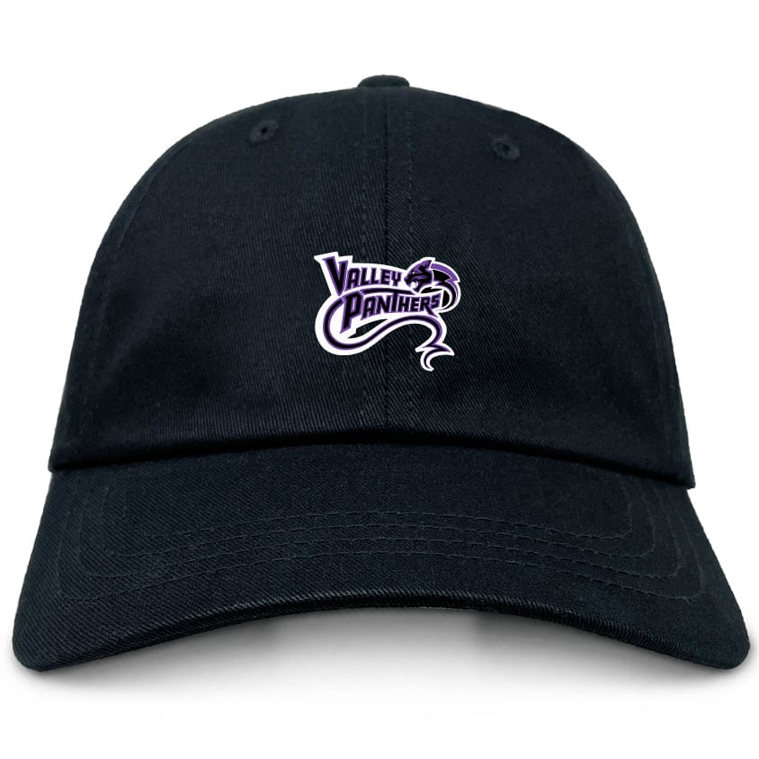 The EMB S&S Activewear Valley Panthers Rugby Adult Low-Profile Cotton Twill Dad Cap is black with a purple and white embroidered “Valley Panthers” logo and striking panther graphic on the front.