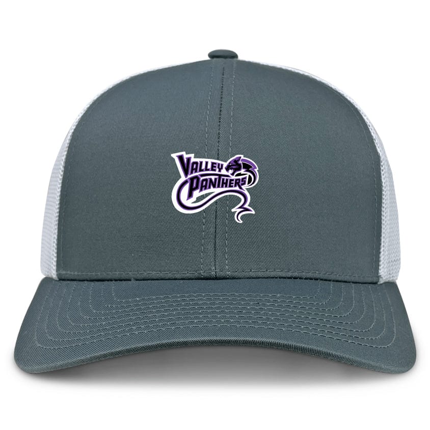 The Valley Panthers Rugby Retro Trucker Cap by EMB S&S Activewear features a gray and white design, embroidered panther head and "Valley Panthers" on the front, plus an adjustable snapback closure for the perfect fit.