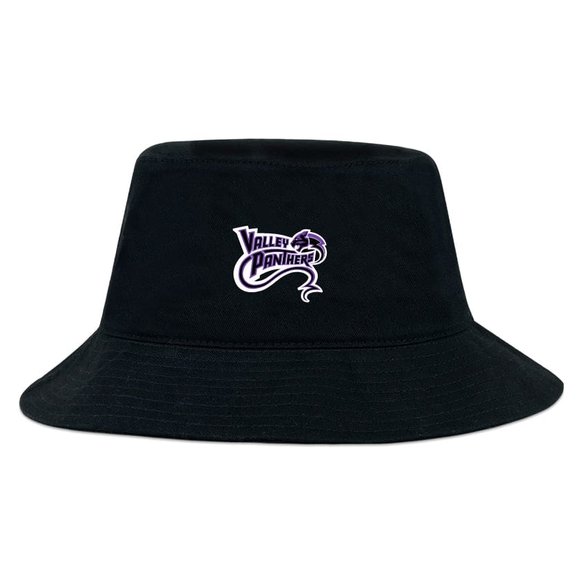 The EMB S&S Activewear Valley Panthers Rugby Crusher Bucket Cap is made from cotton twill and features a purple and white "Valley Panthers" logo with a panther graphic on the front for sun protection.