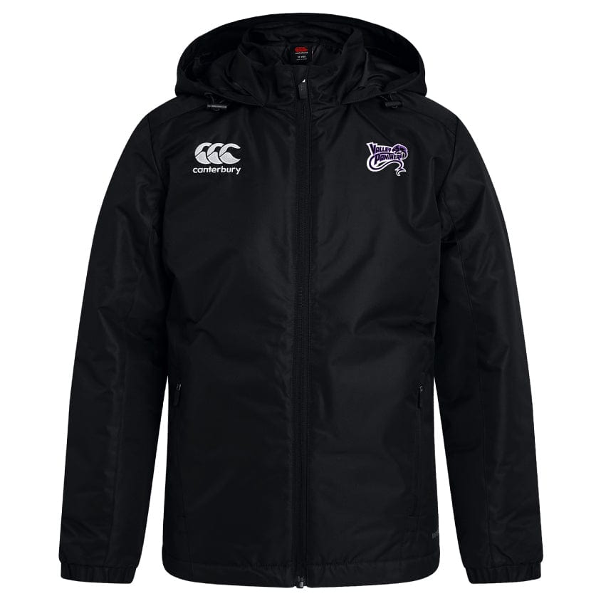 The Valley Panthers Rugby Club Vaposhield Stadium Jacket by EMB Canterbury features a zipper front, black hood, and displays the Canterbury logo on the right chest with a purple emblem on the left. It's crafted with VapoShield technology for water repellence.