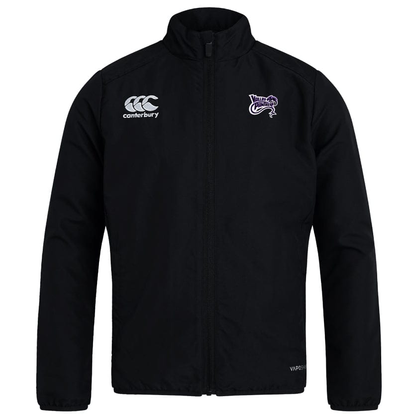 The Valley Panthers Rugby Club Track Jacket by EMB Canterbury features a front zipper with an EMB Canterbury logo on the right and a purple emblem on the left chest. This lightweight design ensures quick drying, making it perfect for active wear.
