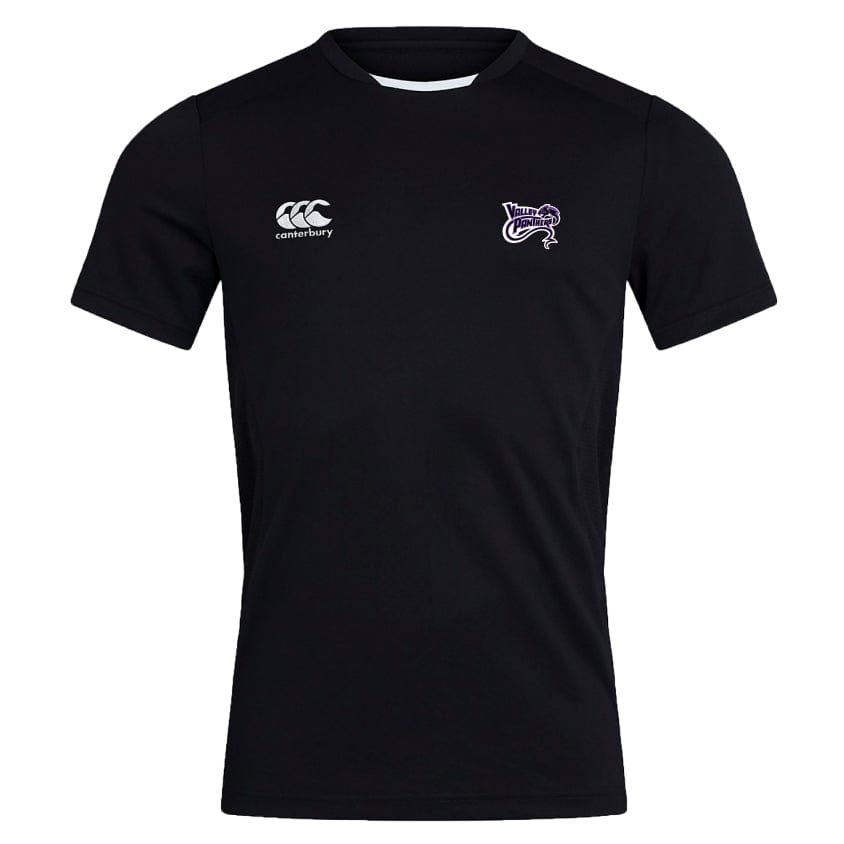 The Valley Panthers Rugby Club Dry Tee by EMB Canterbury is a black, short-sleeved sports shirt designed with breathable fabric and Vapodri Technology. It has two white logos on the chest for optimal performance and comfort.