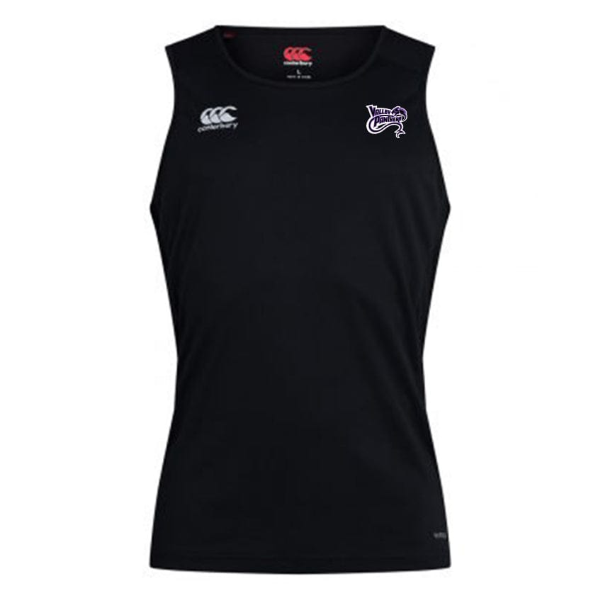 Experience the peak performance of the black Valley Panthers Rugby Club Dry Singlet by EMB Canterbury. With a stylized "CCC" on the right chest and rugby-themed logo on the left, this sleeveless sports tank top features advanced Vapodri Technology—ideal for any Canterbury enthusiast.