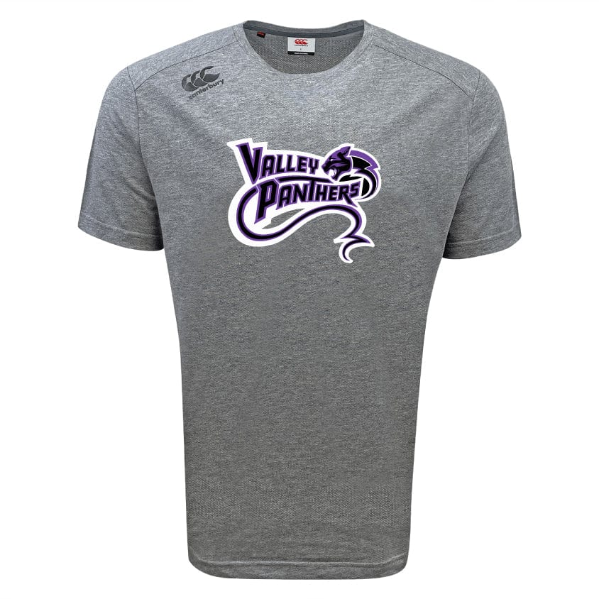The Valley Panthers Rugby Tempo Vapodri T-Shirt by WRS Canterbury showcases a vivid panther graphic with "Valley Panthers" in purple and black text. Its VapoDri technology ensures moisture-wicking comfort throughout the day.