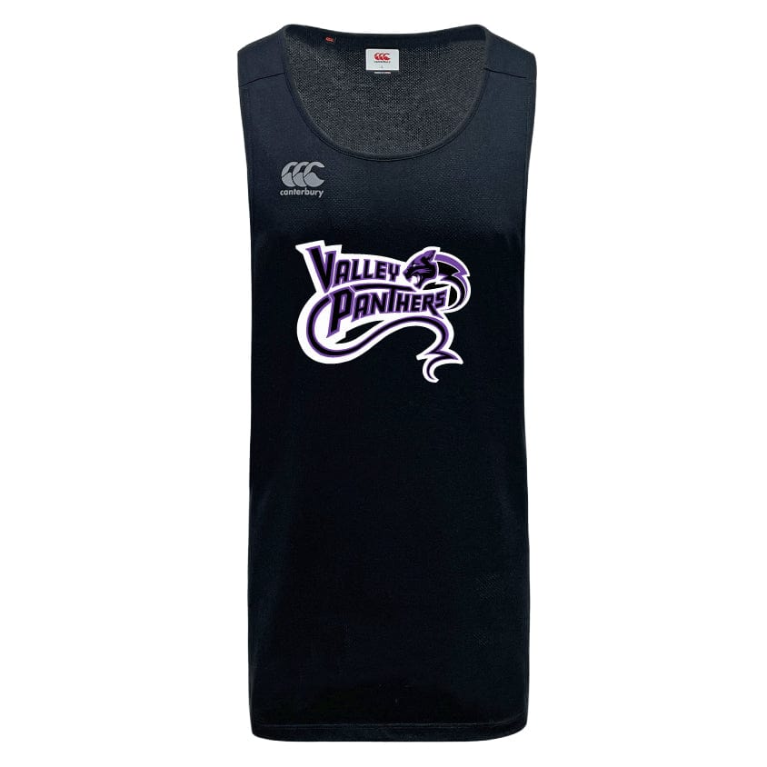 The Valley Panthers Rugby Tempo Vapodri Singlet by WRS Canterbury features a black sleeveless design with the "Valley Panthers" logo in purple and white, integrates VapoDri technology for moisture management, and is made from recycled polyester, making it an eco-friendly choice for sports enthusiasts.