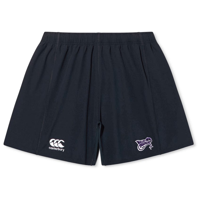 The Valley Panthers Rugby Yokohama Shorts by EMB Canterbury offer a secure fit with a white logo on the left and purple "Warriors" emblem on the right, crafted from lightweight fabric for ultimate comfort.