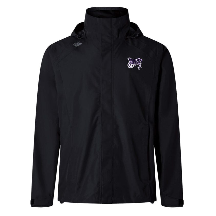 The Valley Panthers Rugby Elite Storm Jacket by Canterbury, featuring a black design with a hood and a small purple and white logo on the left chest, offers ultimate waterproof protection with Vaposhield, keeping you dry and stylish in any weather. Brand: EMB Canterbury.