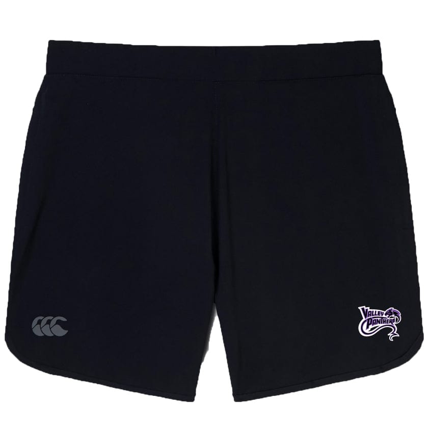 Upgrade your training with EMB Canterbury's Valley Panthers Rugby Elite Woven Short. These gym shorts are black, featuring a white logo on the left leg and a purple logo on the right leg, adding style and performance to your workout sessions.