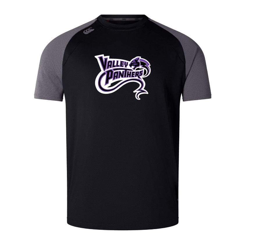 Black and gray Valley Panthers Rugby Elite Training Tee by WRS Canterbury, showcasing the "Valley Panthers" logo on the front and made with Vapodri fabrics for enhanced comfort.