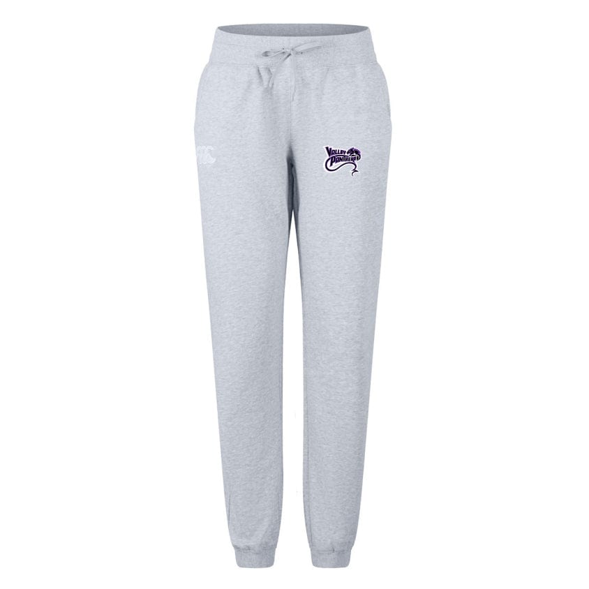 The Valley Panthers Rugby Women's Leisure Sweatpant by EMB Canterbury is made from a cotton blend fleece and features gray sweatpants with an elastic waistband, drawstring, purple graphic on the right hip, and Canterbury logo, offering comfort and style for laid-back days.