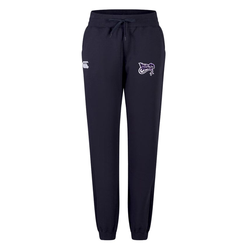 The Valley Panthers Rugby Women's Leisure Sweatpant by EMB Canterbury features a cotton blend fleece in navy, with a drawstring, classic white logo on the left, and a purple bird-adorned Canterbury logo on the right.
