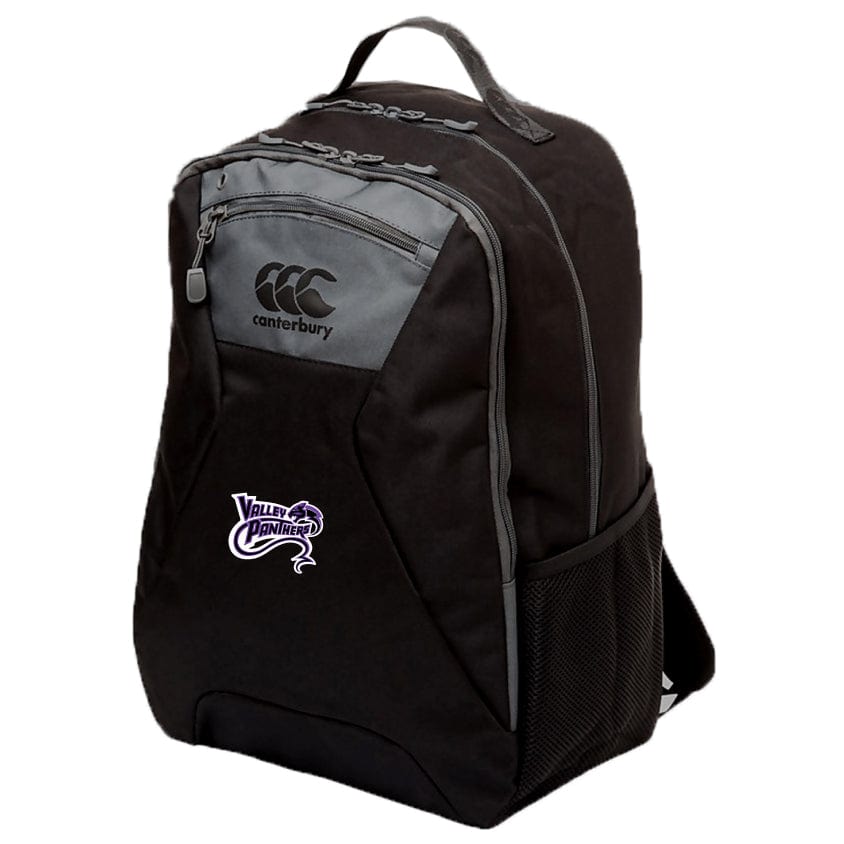 The Valley Panthers Rugby Medium Backpack by Canterbury, from EMB Canterbury, is a black and gray polyester pack featuring a side net pocket and top handle. It sports the Valley Panthers logos and uses Vaposhield technology for durability.