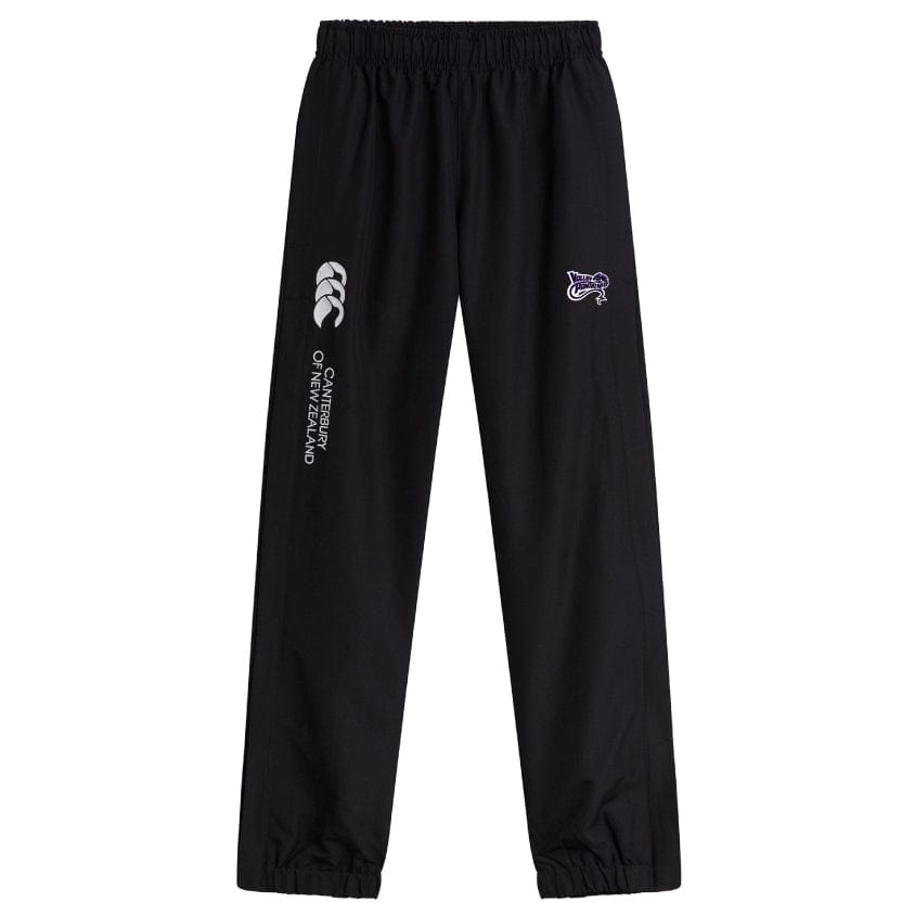 The Valley Panthers Rugby Cuffed Hem Stadium Pant by EMB Canterbury features black stadium pants with cuffed hems, an elastic waistband, and a white Canterbury logo and text on the left leg. A small purple graphic enhances the sporty style and classic rugby pant aesthetics.