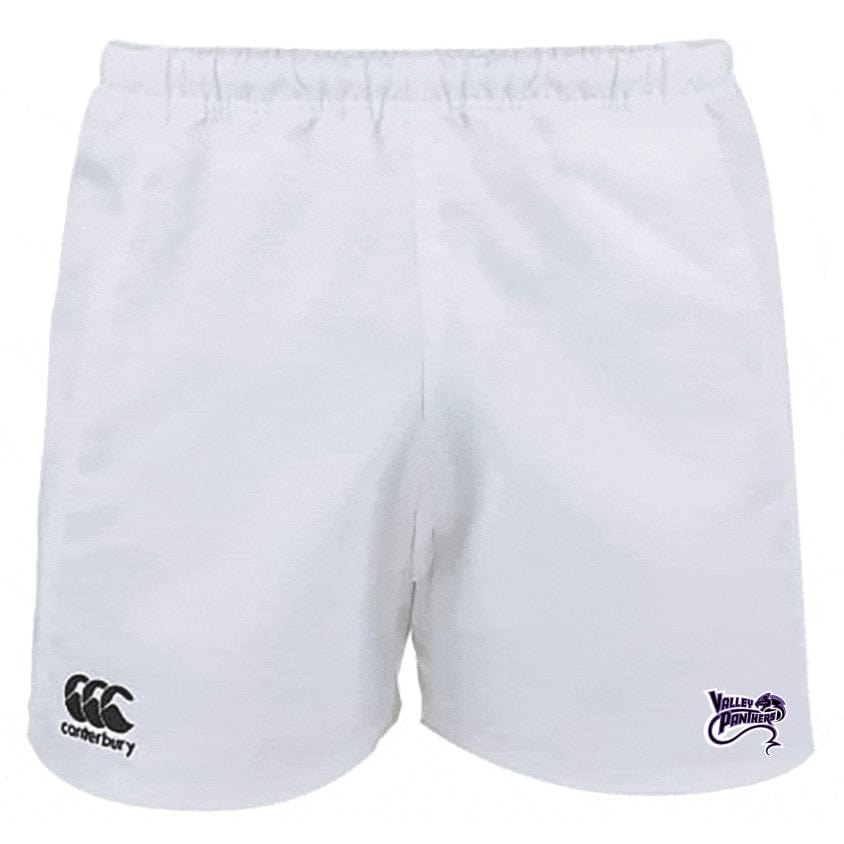 These professional polyester shorts by EMB Canterbury have an elastic waistband for comfort, featuring the Canterbury Rugby logo on the left and the Valley Panthers emblem on the right.