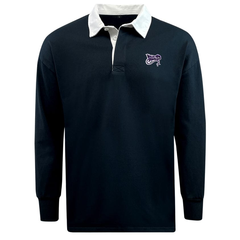 The EMB Mudoo Valley Panthers Rugby Classic Long Sleeve Solid Rugby Jersey is navy with a white collar and cuffs, features a small purple logo on the left chest, and is made from a comfortable cotton/poly blend.
