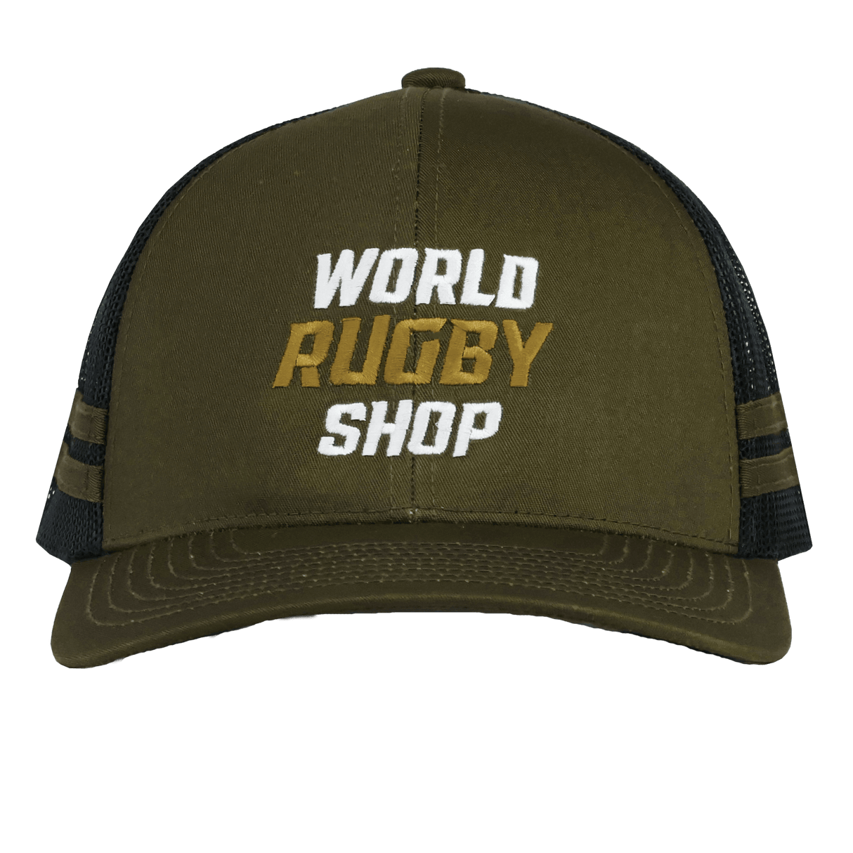 The WRS Low Profile Stripe Trucker Cap - Limited Edition by Augusta Sportswear features an olive green and black design with “World Rugby Shop” embroidered in white and gold, offering classic style with a sporty twist for rugby fans.