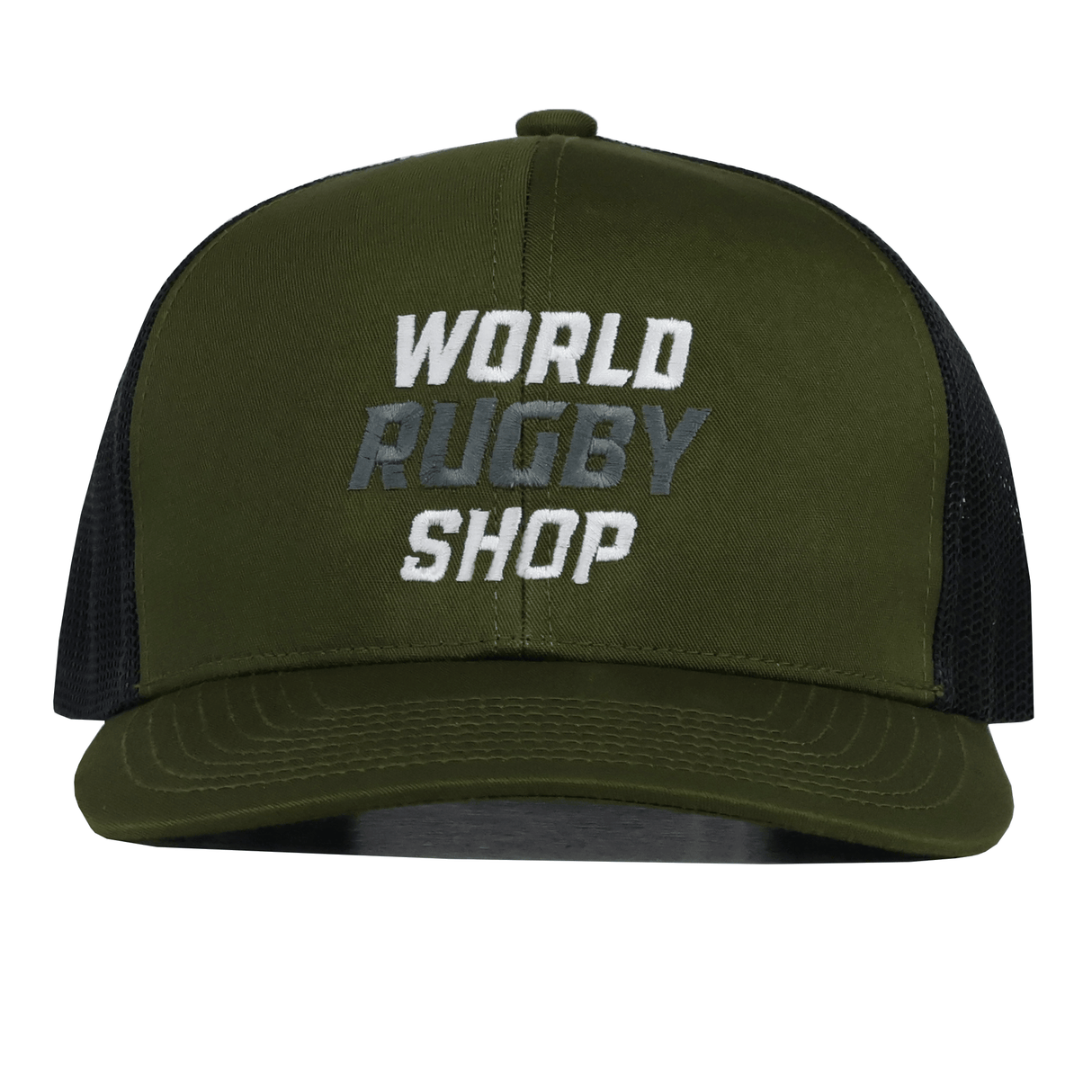 Get the limited edition WRS Trucker Snapback by Augusta Sportswear—an olive green and black hat with "WORLD RUGBY SHOP" embroidered in white and gray on the front. Don’t miss out!.