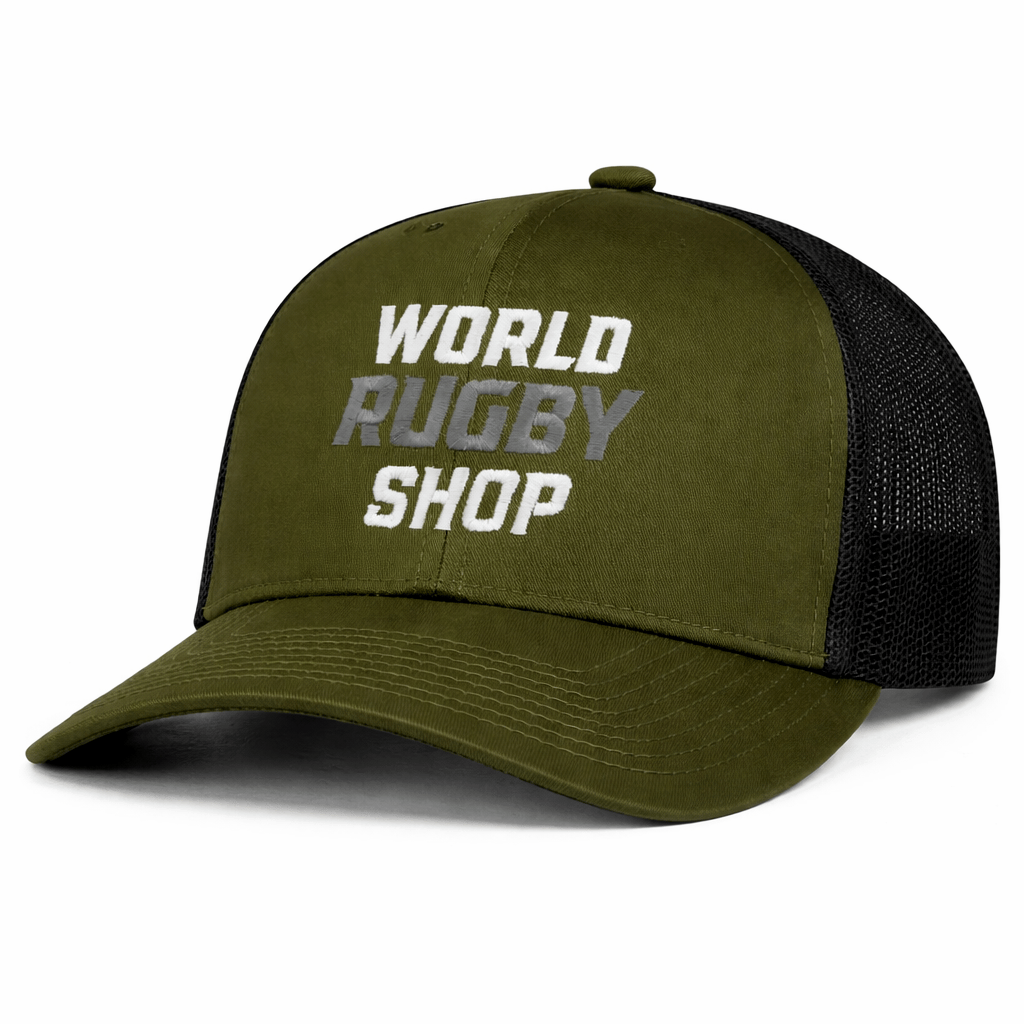 The WRS Trucker Snapback - Limited Edition by Augusta Sportswear features a green and black mesh back and "WORLD RUGBY SHOP" embroidery—perfect for rugby fans looking for a unique snapback hat.