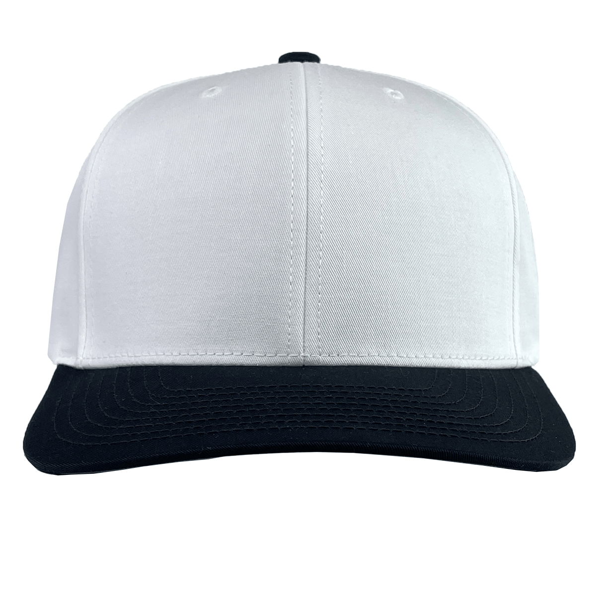 The Augusta Sportswear Poly/Cotton Snapback Cap is a stylish white baseball cap with a black visor, made from durable poly/cotton material. Its sleek design is showcased from the front.