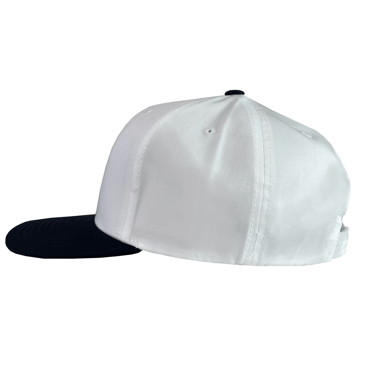 This stylish Poly/Cotton Snapback Cap by Augusta Sportswear features a crisp white poly/cotton blend top and sleek black brim, elegantly showcased from the side.