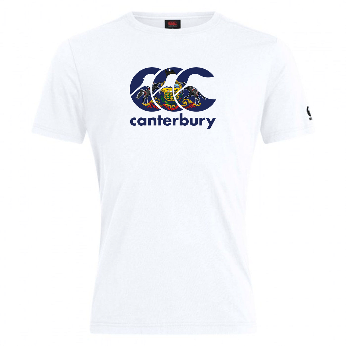 The WRS Canterbury Pennsylvania CCC Flag Club T-shirt is a white tee featuring the Canterbury logo with an Australian flag inner design, "canterbury" text below, and celebrates rugby pride.