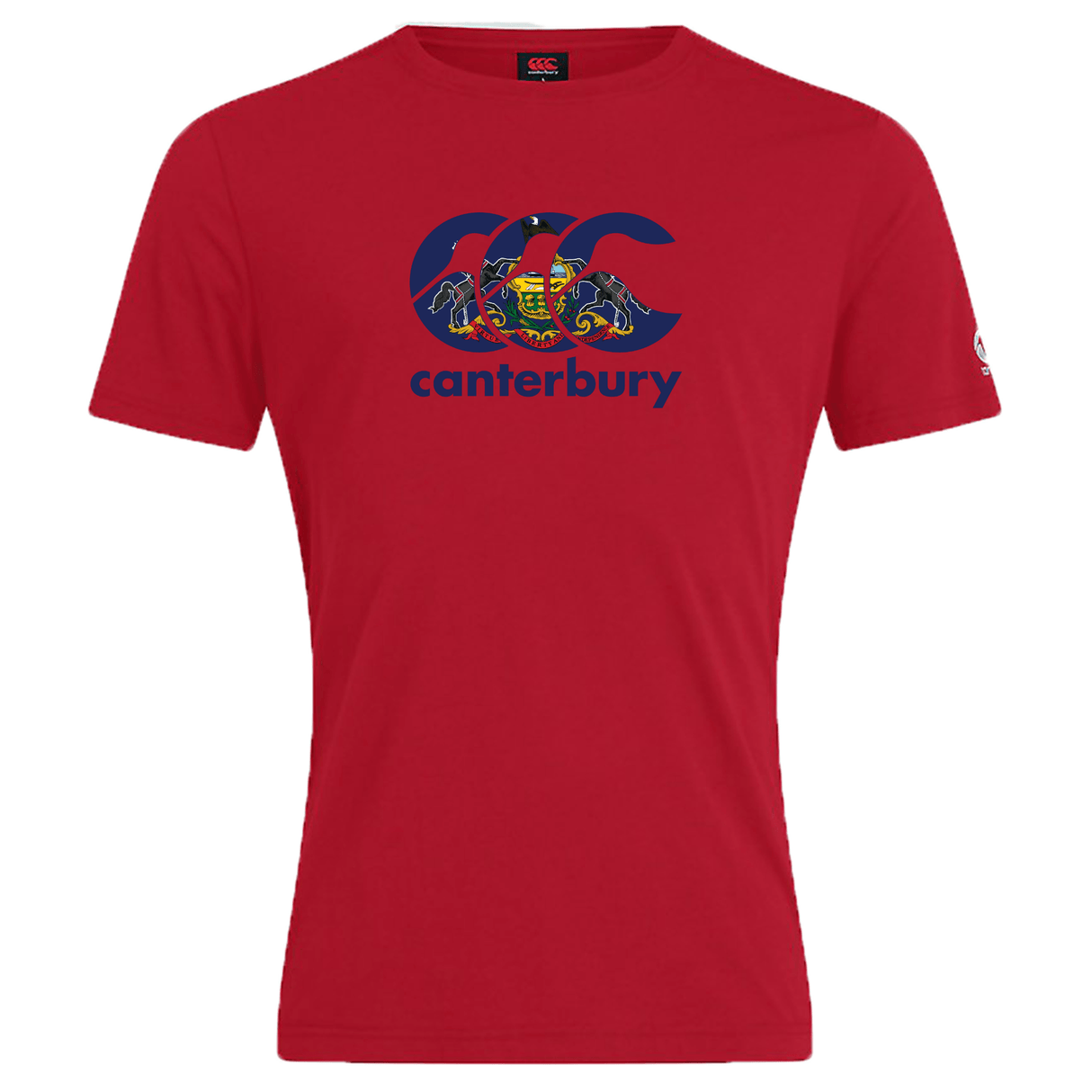 The Canterbury Pennsylvania CCC Flag Club T-shirt by WRS Canterbury is a red tee featuring a bold navy CCC logo with a heraldic crest and lions, "canterbury" text below, celebrating rugby pride.