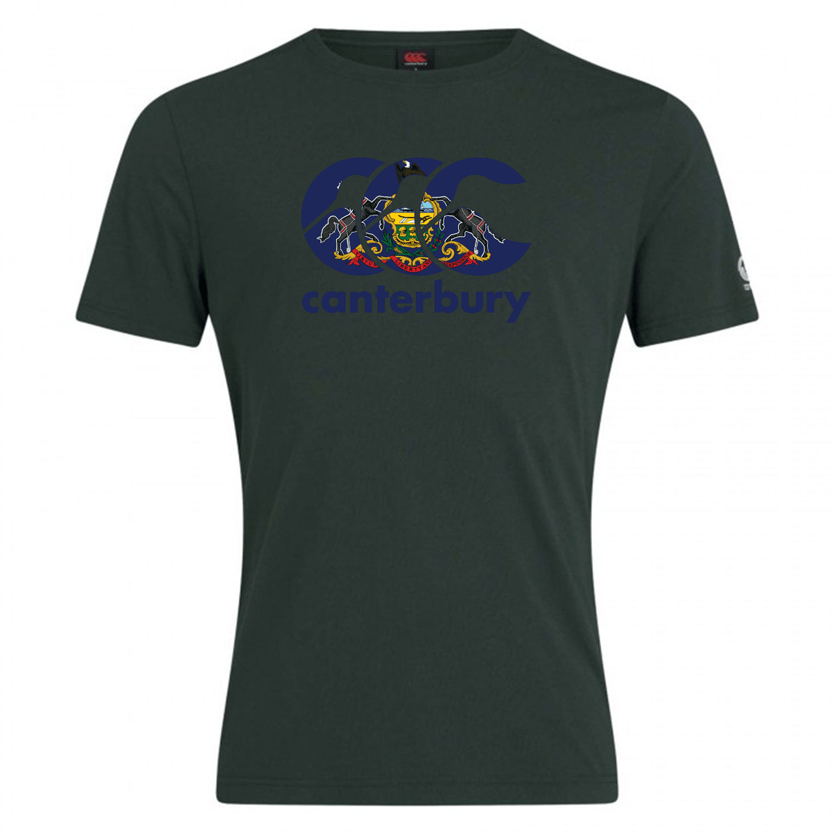 The Canterbury Pennsylvania CCC Flag Club T-shirt by WRS Canterbury is a dark green short-sleeved tee with a bold "CCC canterbury" logo, crest, and two animals on the front—perfect for showcasing rugby pride.