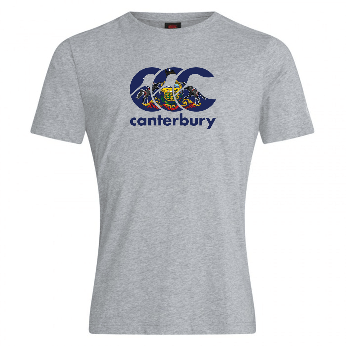 The Canterbury Pennsylvania CCC Flag Club T-shirt by WRS Canterbury features a grey short-sleeve design with a blue logo, colorful coat of arms, and "canterbury" script—ideal for displaying rugby pride.