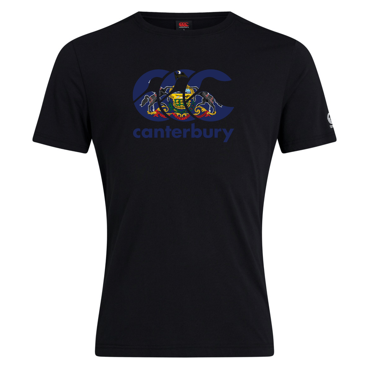 The WRS Canterbury Canterbury Pennsylvania CCC Flag Club T-shirt is a black short-sleeve tee featuring "CCC canterbury" and a bold lion and shield graphic—perfect for fans showing rugby pride.