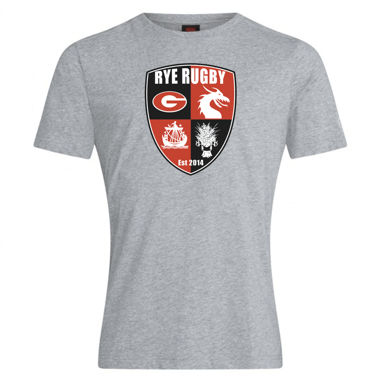 Gray cotton blend Rye High School Rugby Club Plain Tee by WRS Canterbury with a team logo print on the chest, perfect as casual wear.